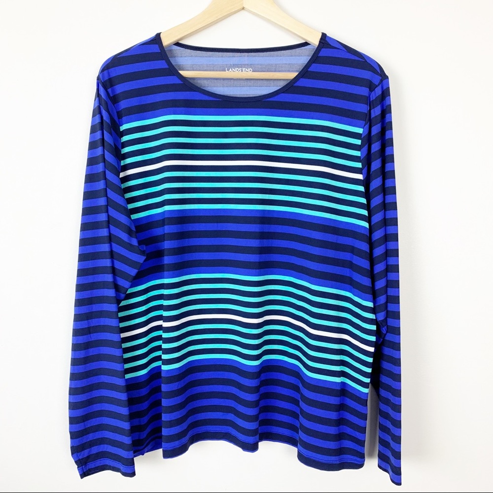 Lands End 1X swim rash guard blue stripe plus